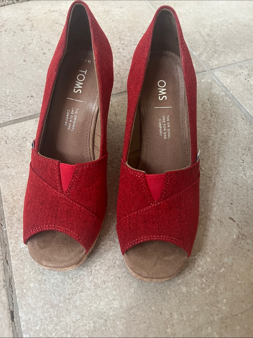 TOMS Red Suede Peep-Toe Wedge Slip-Ons